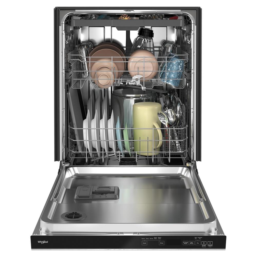 Open stainless steel dishwasher loaded with dishes and utensils in appliances and kitchenware collections