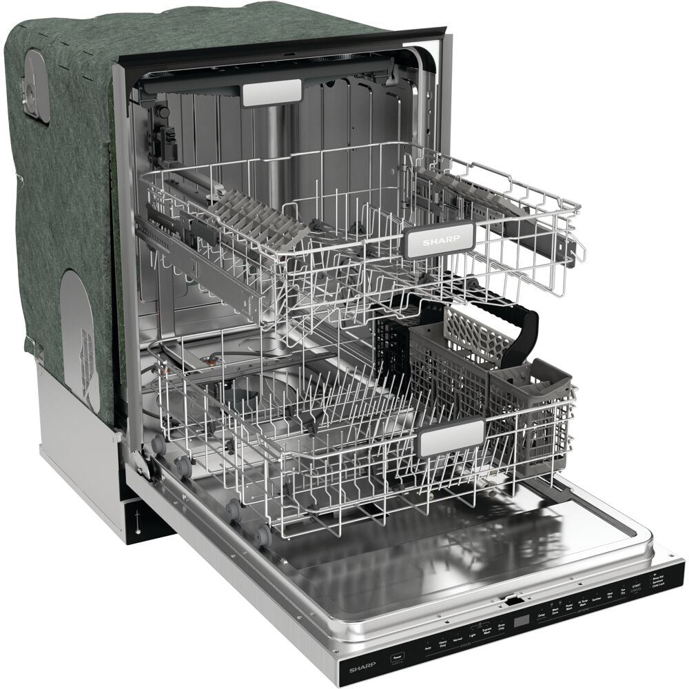 Open stainless steel dishwasher with racks extended showing spacious interior and smart top control panel in appliances setting