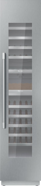 Built-in panel ready wine cooler with stainless steel handle, glass door, and wooden shelves in kitchen appliances collection