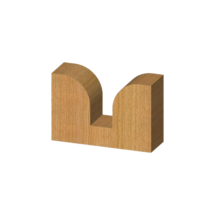 Wood block sample showing rounded groove and plunge point profile for woodworking tool accessories and drill bits