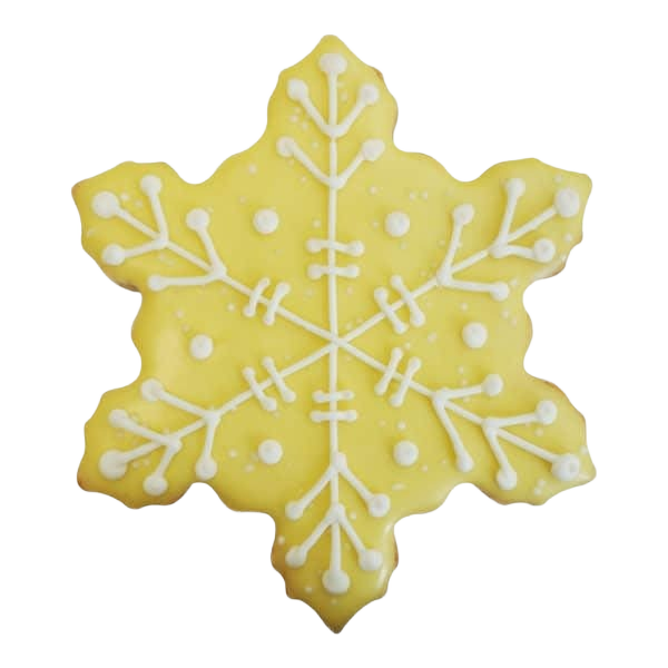Yellow six-pointed snowflake cookie decorated with white icing details for festive baking and holiday treats