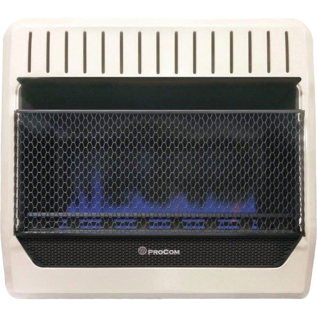 Wall-mounted vent-free heater with blue flame visible behind protective mesh in home improvement collection