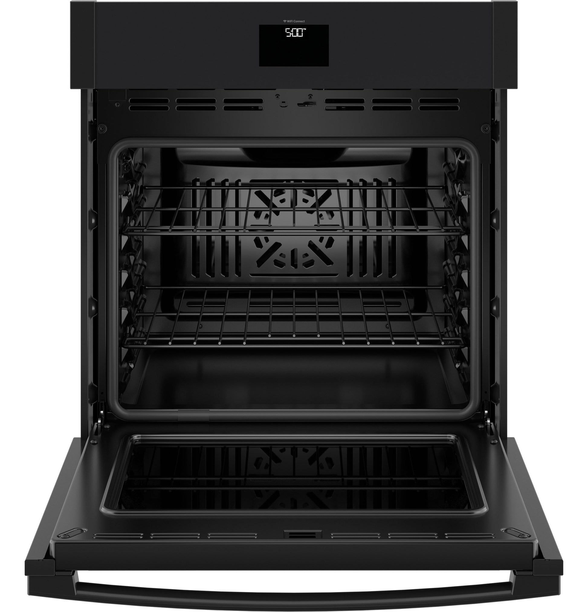 Open black built-in smart convection wall oven showing interior racks and digital timer display in kitchen appliance setting
