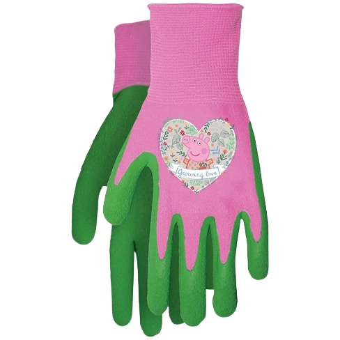 Pink and green toddler gloves with textured grip and a heart design featuring a cartoon character and floral pattern