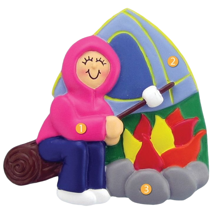 Smiling female camper in pink hoodie roasting marshmallow by campfire with tent backdrop holiday ornament under 50