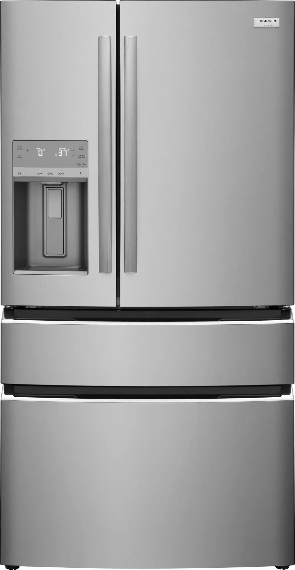 Stainless steel 4-door French door refrigerator with water dispenser and digital controls from kitchen appliances collection