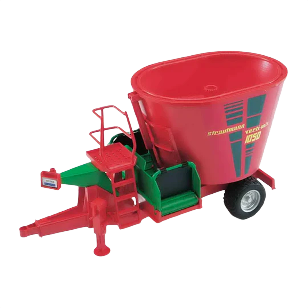 Red and green fodder mixer wagon toy with detailed ladder and single rear wheel for realistic farm play
