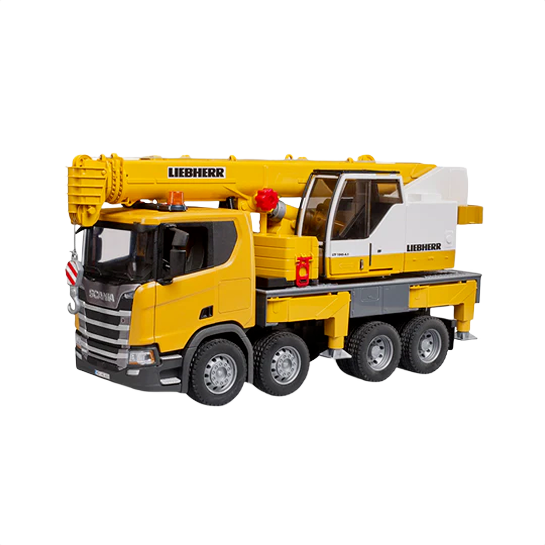 Yellow Bruder Scania Super 560R Liebherr crane truck model with fold-out boom in Vehicles & Remote Controlled Toys collection