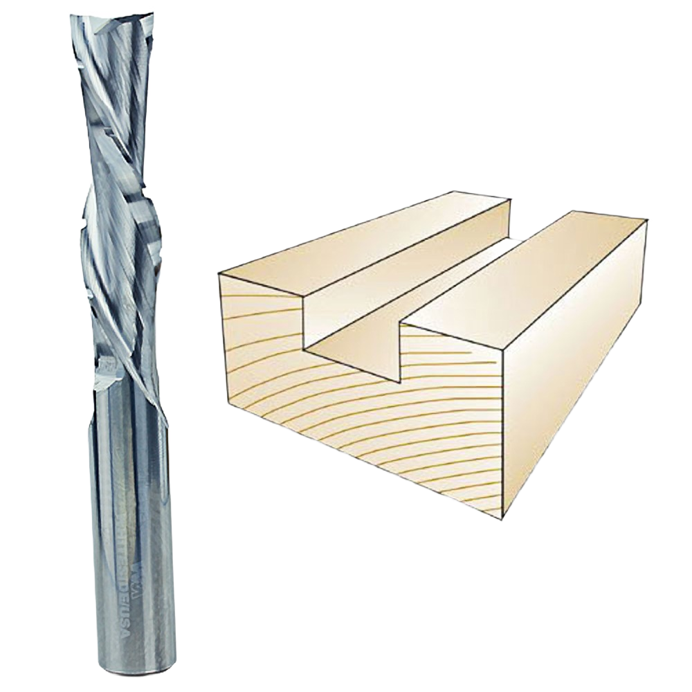 Spiral downcut router bit next to wooden groove demonstrating clean cutting in tool accessories and home improvement collections