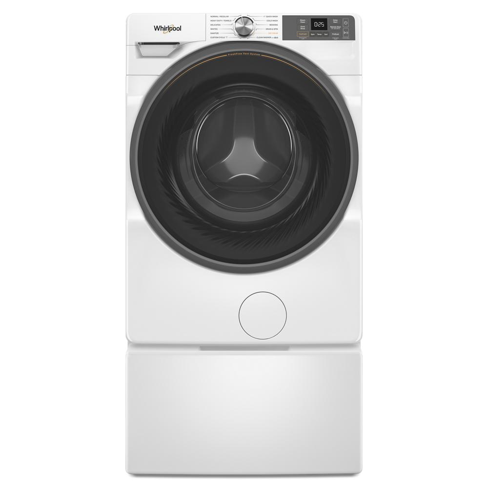 White front load washer with digital controls and large black door, part of front load washers and appliances collection.