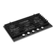36-inch black glass cooktop with five burners and front knob controls from kitchen appliances collection