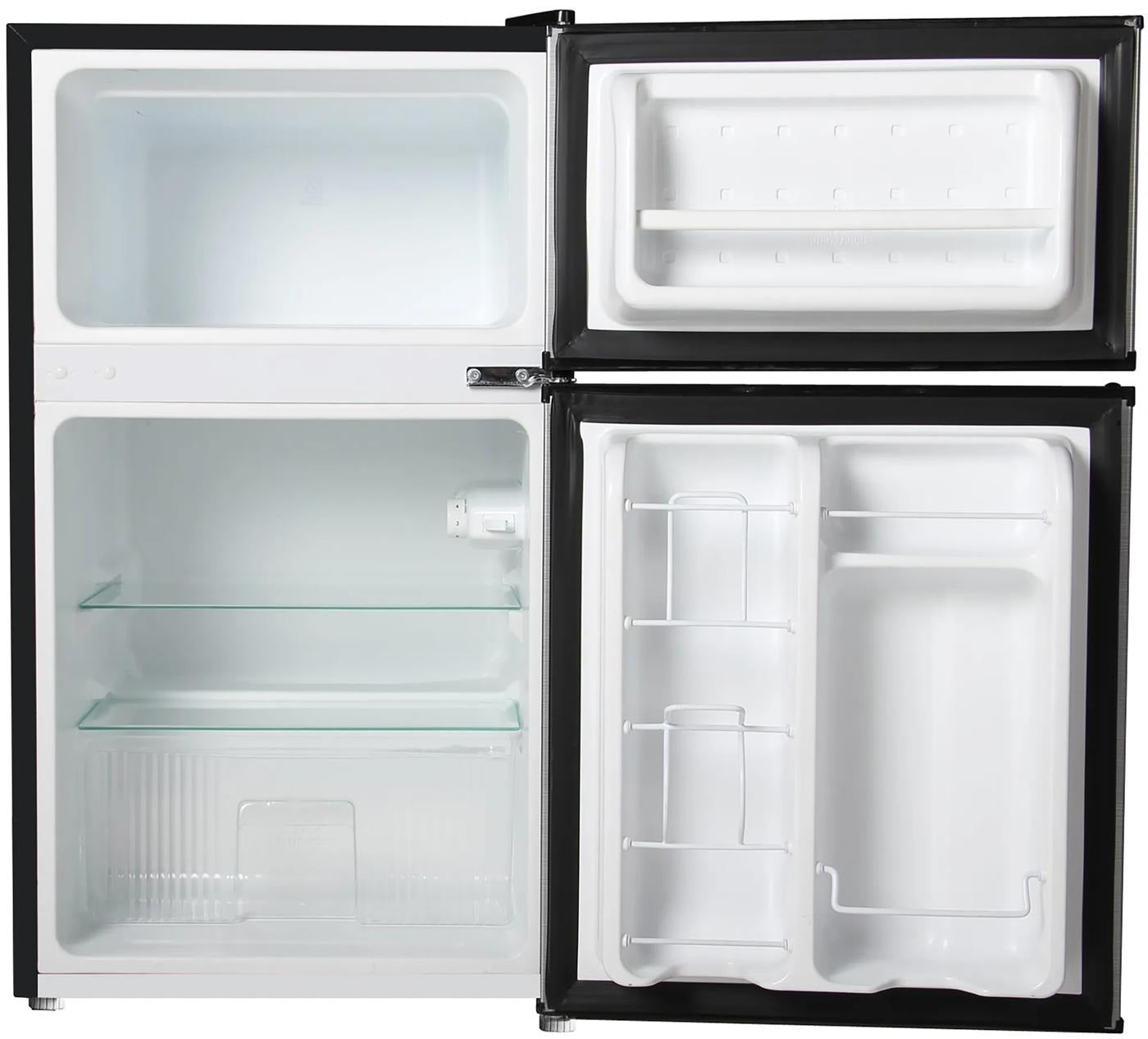 Open compact refrigerator with black trim, featuring a freezer compartment, adjustable glass shelves, door storage, and crisper drawer for Refrigerators, Mini Refrigerators, Kitchen & Kitchenware, All Products, and Appliances collections.