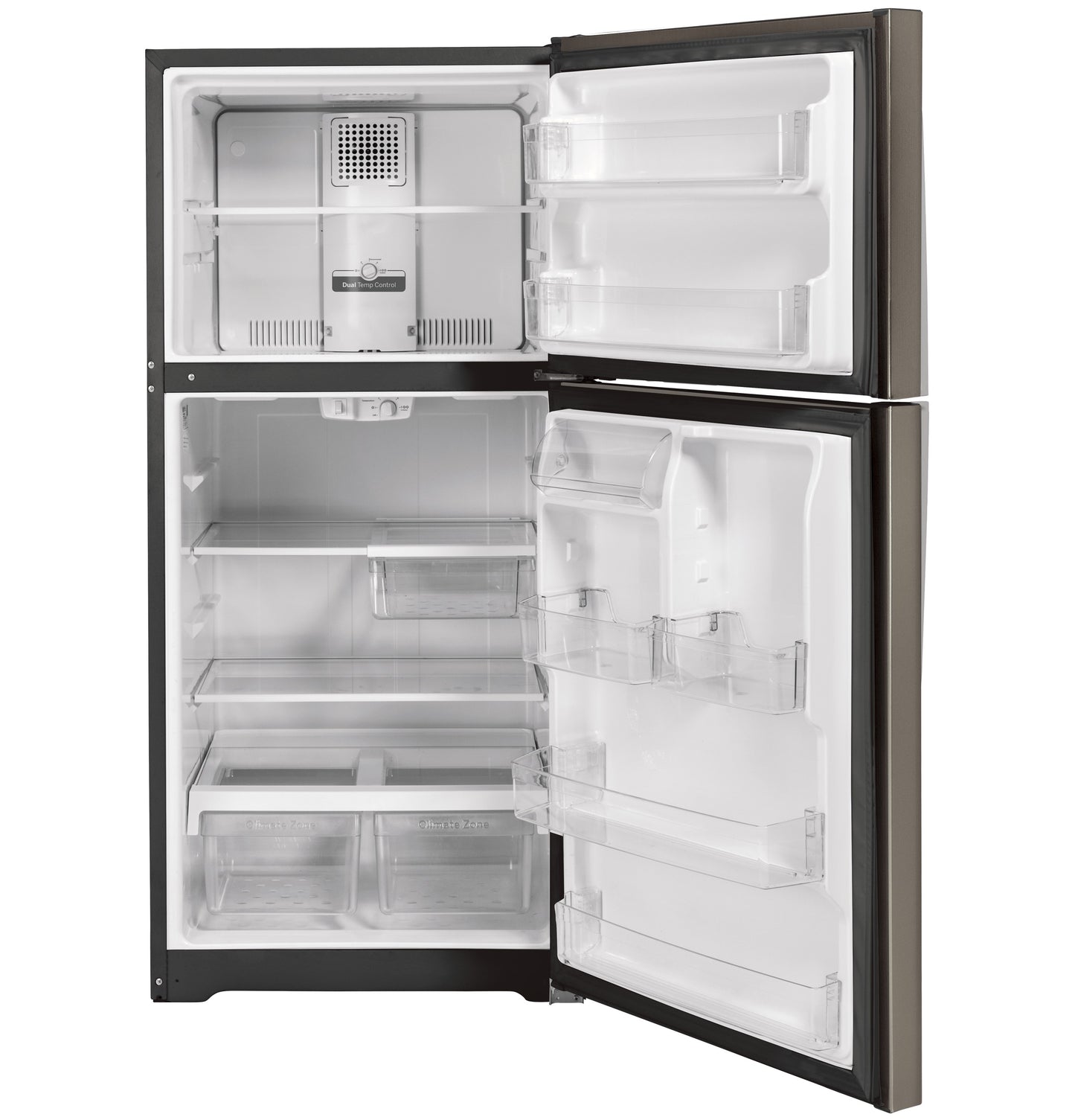Top-freezer refrigerator with open doors showing adjustable shelves, clear door bins, and crisper drawers for kitchen appliances
