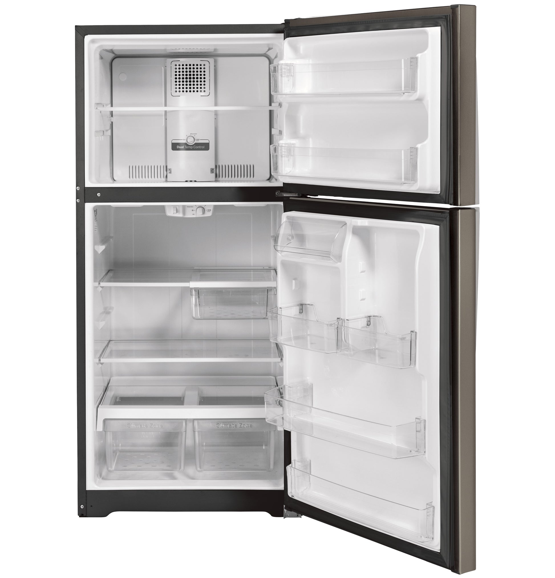 Top-freezer refrigerator with open doors showing adjustable shelves, clear door bins, and crisper drawers for kitchen appliances