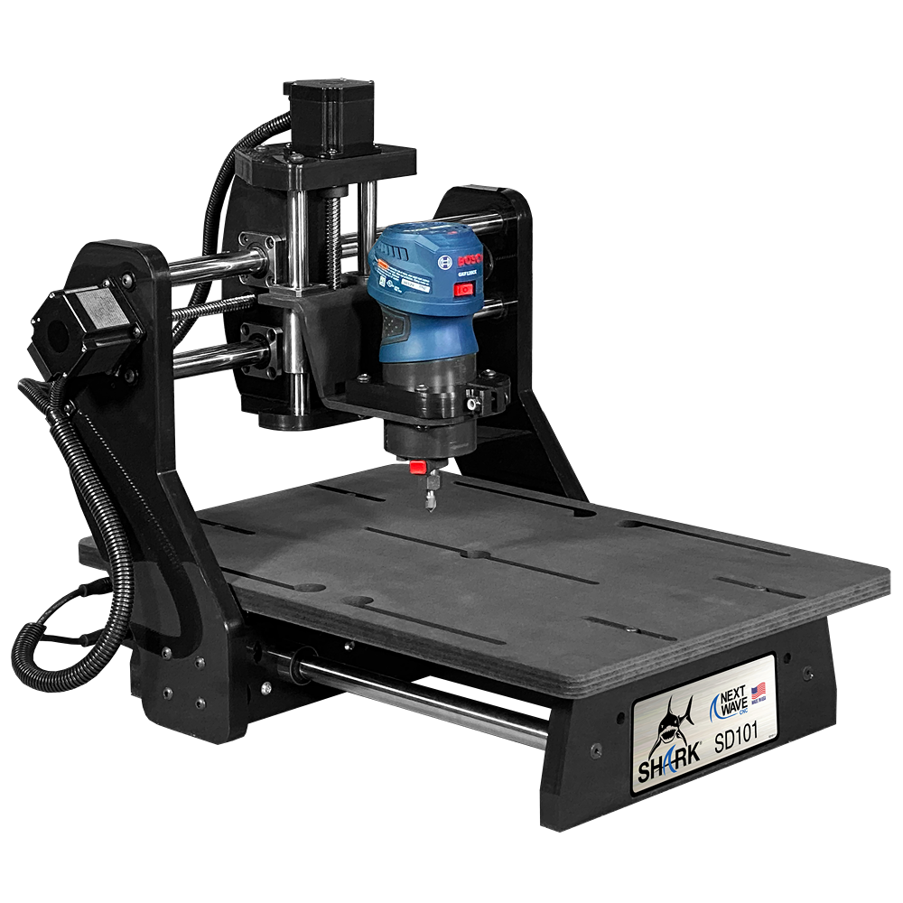Compact CNC machine with metal frame and blue spindle, designed for precision cutting in home improvement projects