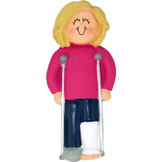 Blonde female ornament with leg cast using silver crutches for Christmas Ornaments & Tree Decorations under $50 collection