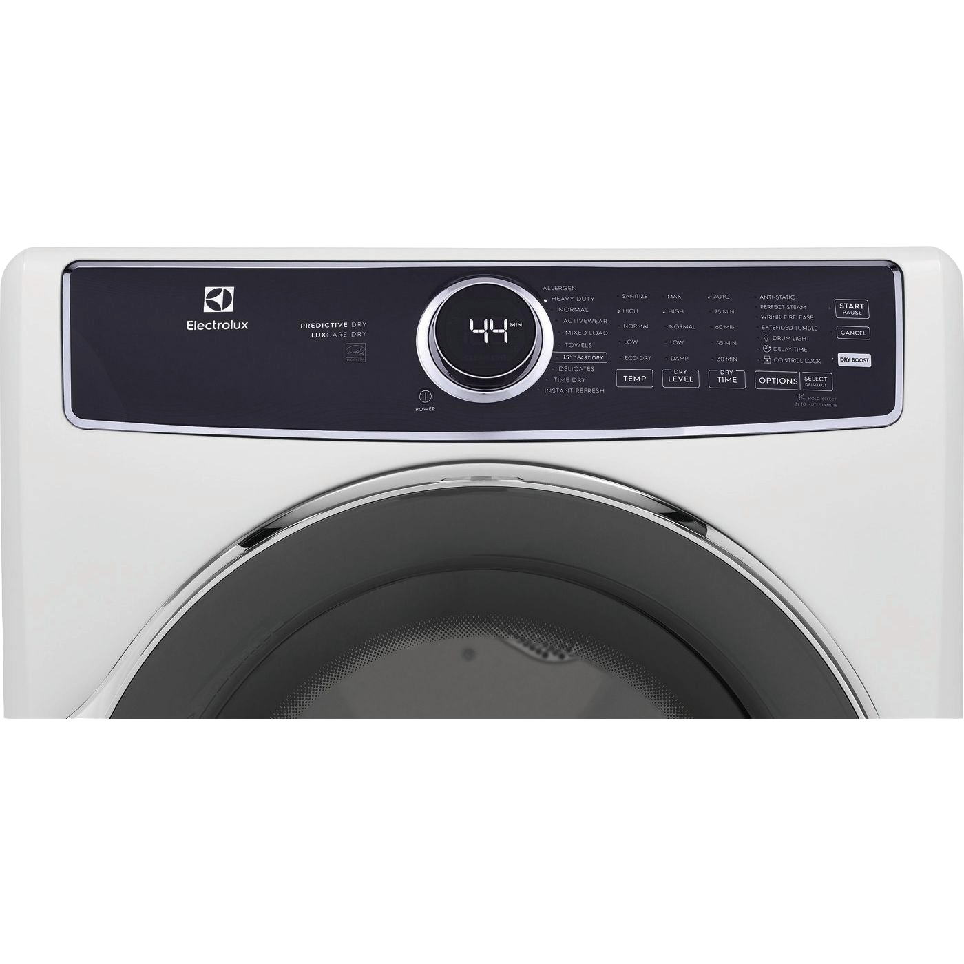 Close-up of white front load gas dryer control panel with digital display and multiple cycle options in Appliances collection