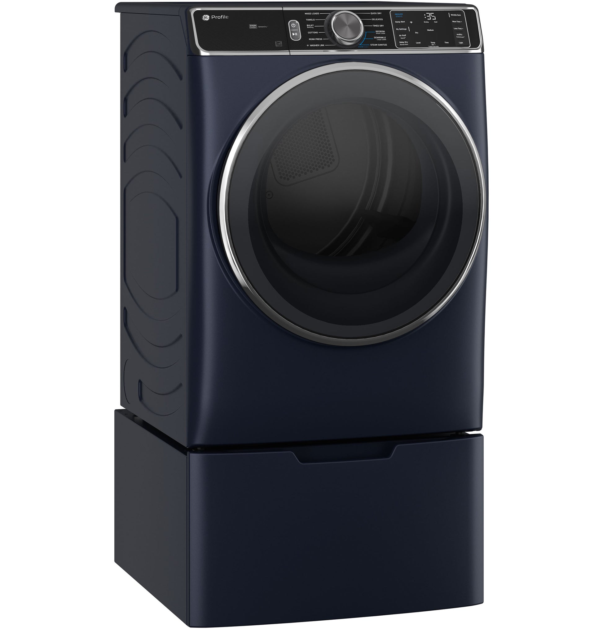 Dark blue smart front load gas dryer with steam sanitize cycle in modern appliances and dryers collection