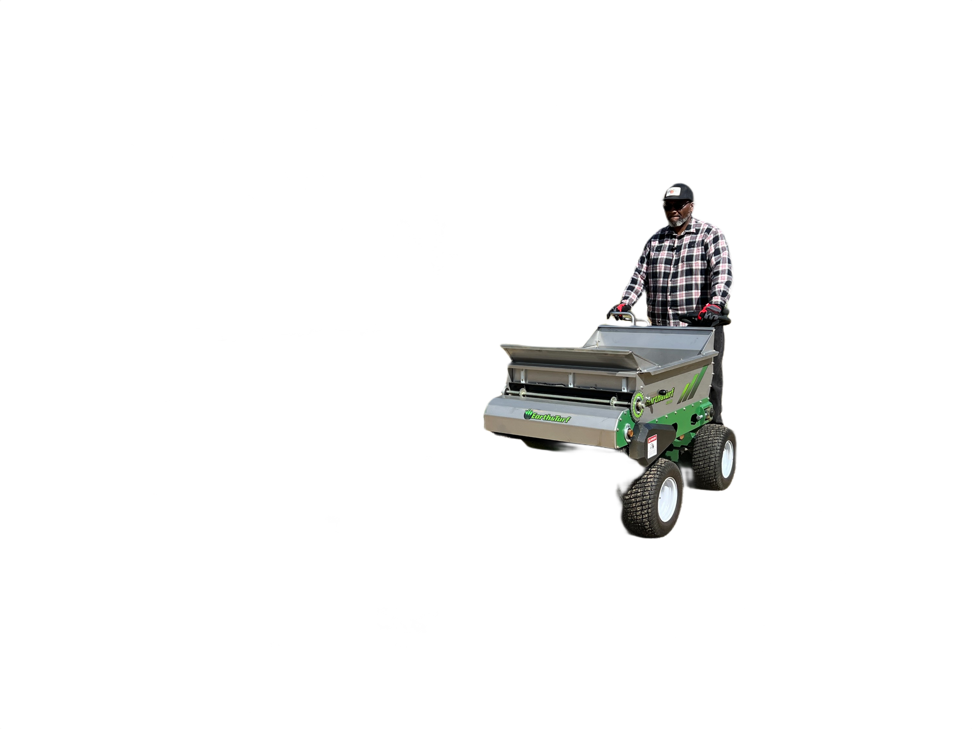 Person operating green and stainless steel top dressing spreader with four-wheel drive in All Products collection