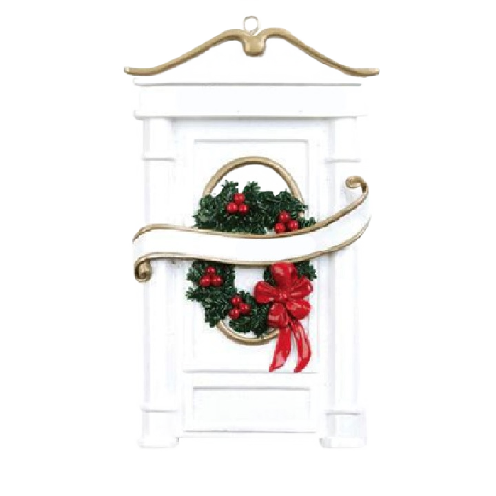 White door ornament decorated with holly berry wreath and red bow from Christmas Ornaments & Tree Decorations collection