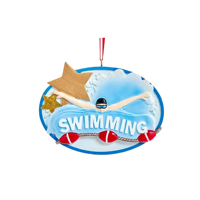 Personalized swimming-themed Christmas ornament with swimmer figure, star accents, and red buoy decorations under $50 collection