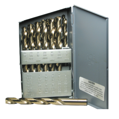 Metal drill bit set with cobalt construction in a gray case for power tool accessories and home improvement projects