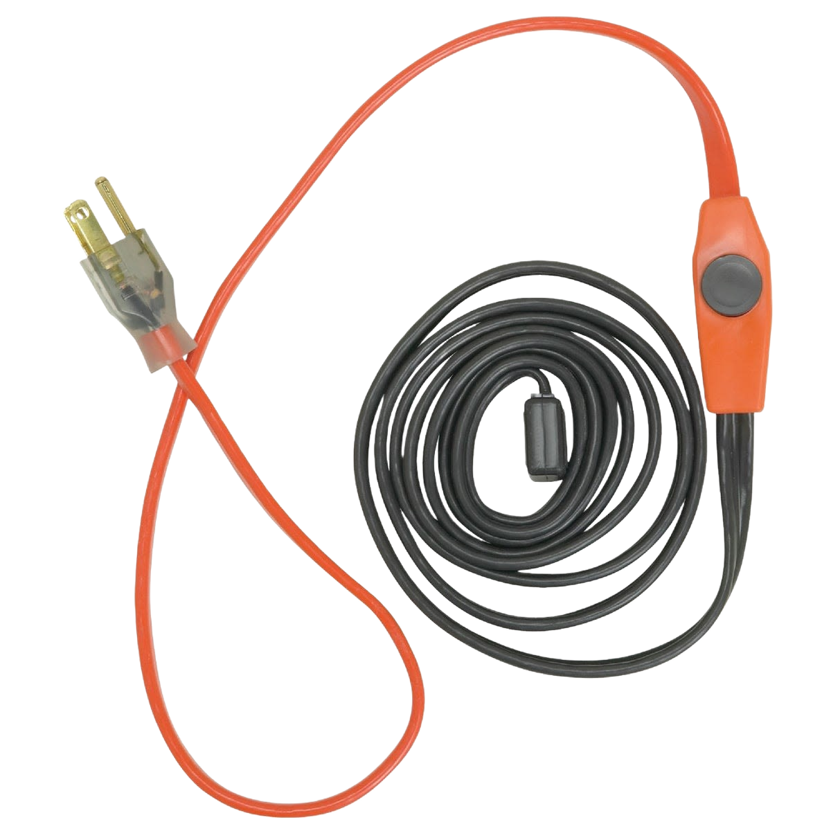 Black and orange pipe heating cable with grounded plug and built-in thermostat for plumbing and home improvement use