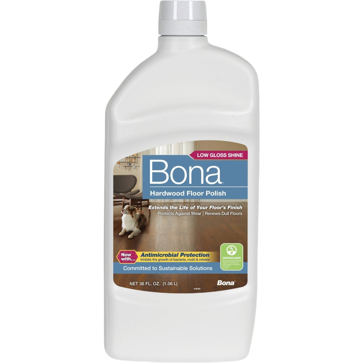36 oz bottle of Bona low gloss hardwood floor polish with antimicrobial protection for floor care cleaning solutions