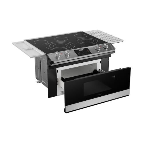30-inch smart electric cooktop with five heating elements, microwave drawer, control knobs, and side prep trays in appliances collection
