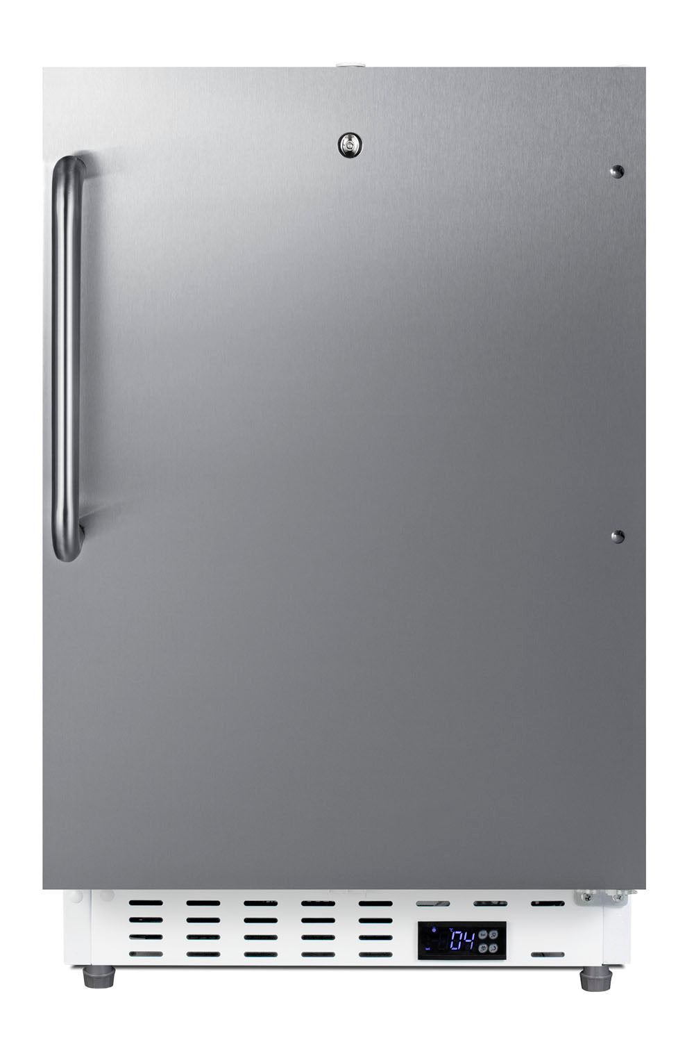 Built-in commercial refrigerator with stainless steel door, handle, digital temperature display in kitchen and appliance collections
