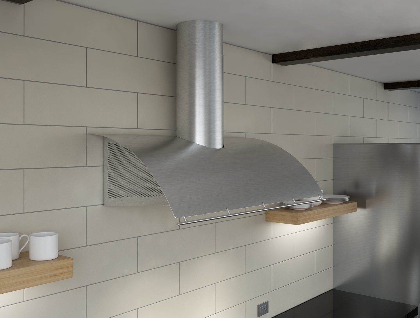 Curved stainless steel wall mounted range hood with perforated side panels in modern kitchen setting