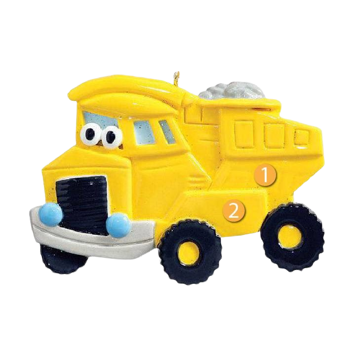 Bright yellow dump truck ornament with playful face for Christmas Ornaments & Tree Decorations under $50 collection