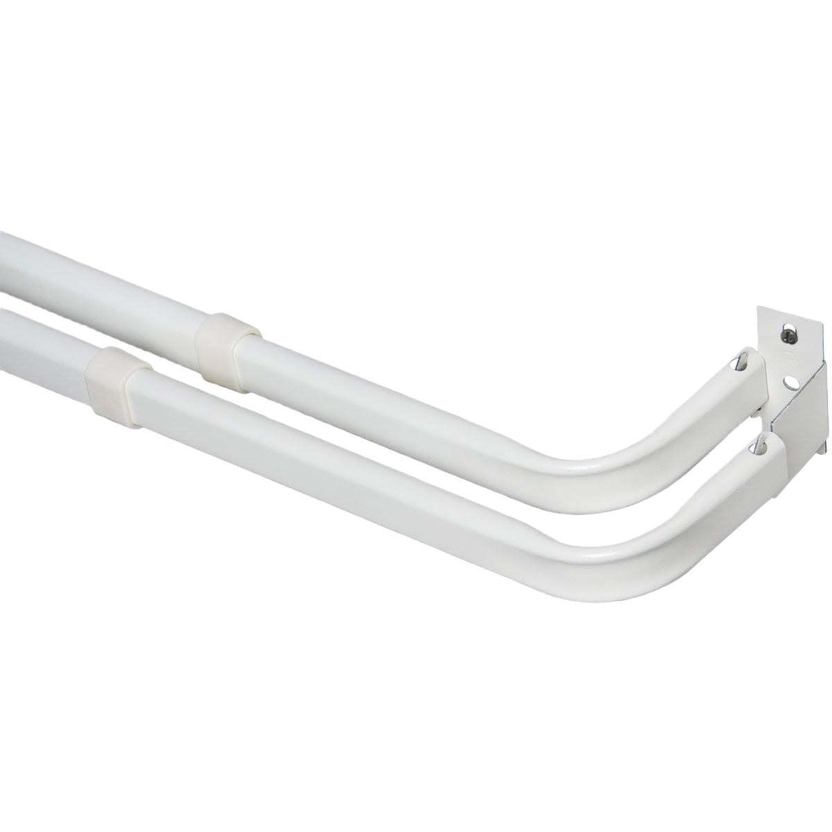 White heavy duty double curtain rod with adjustable length and wall mounting bracket for home improvement projects