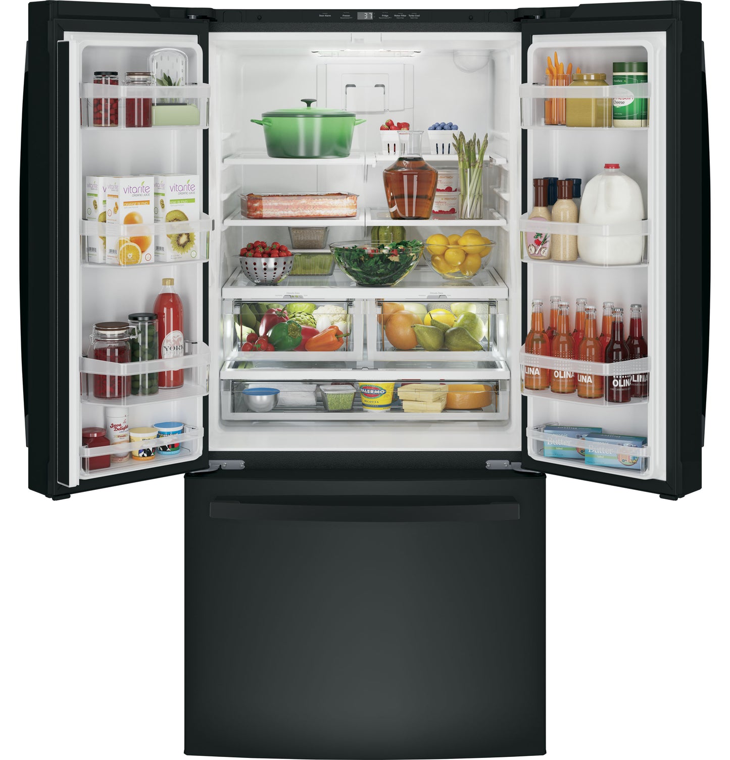 Black French-door refrigerator with bottom freezer and organized fresh food inside in kitchen appliances collection