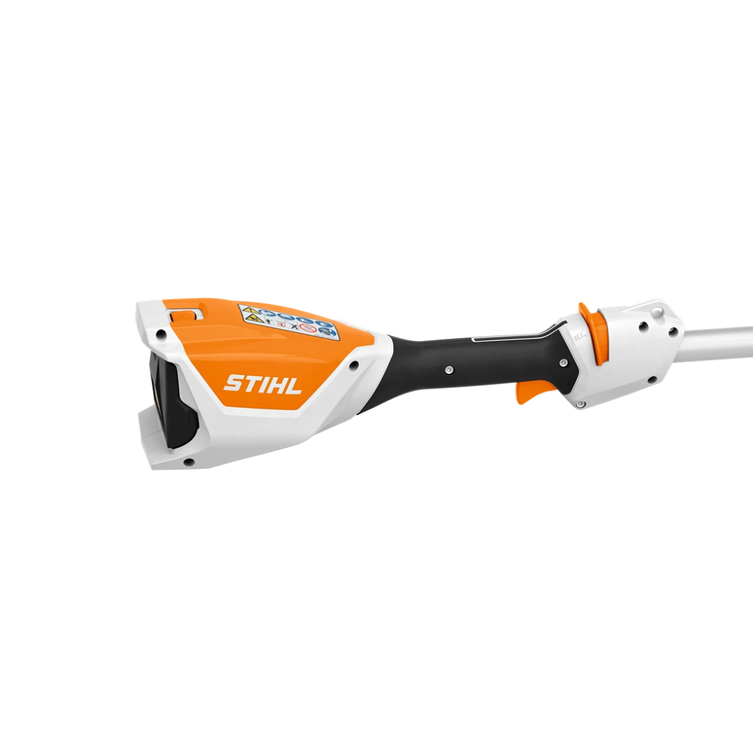 Close-up of orange and white ergonomic handle on extended-reach battery-powered hedge trimmer for home improvement tasks