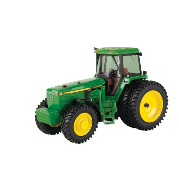 Green and yellow 1:32 scale model tractor with detailed cabin and large rear tires for collectible display