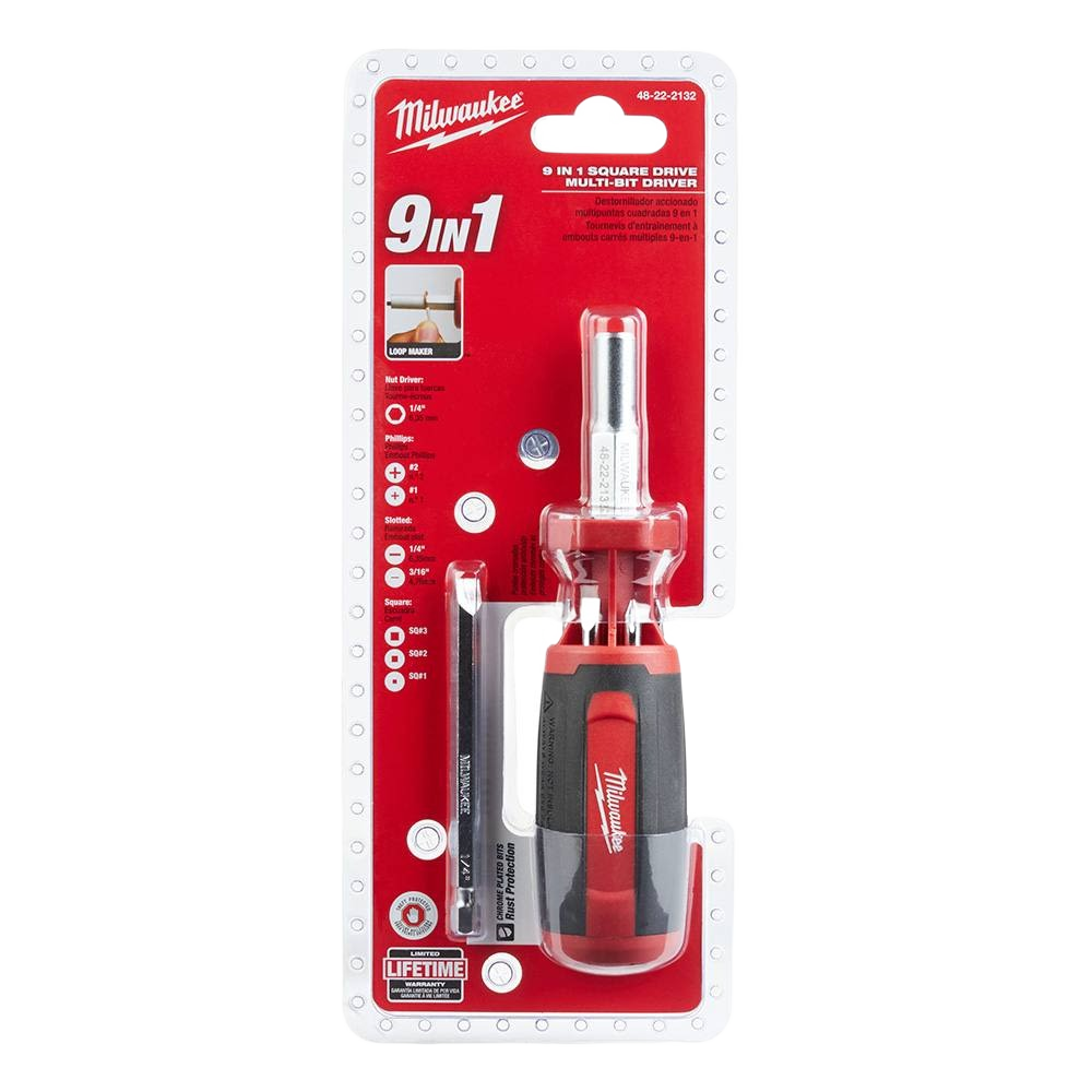 Red and black 9-in-1 multi-bit screwdriver in packaging designed for home improvement tasks and tool versatility