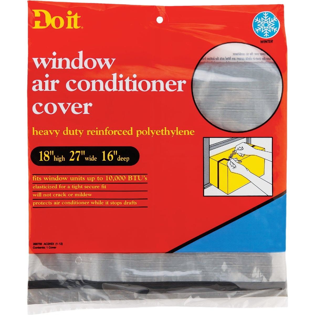 Red packaging for heavy duty polyethylene window air conditioner cover with product dimensions and installation diagram for home improvement use
