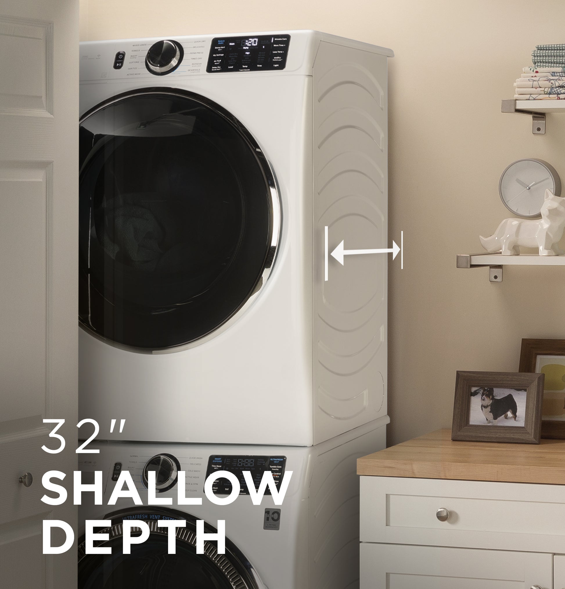 White smart front load washer with digital controls and compact depth in front load washers and appliances collection