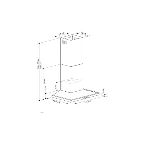 Technical line drawing of a convertible wall-mount low profile pyramidal chimney hood with detailed dimensions for installation.