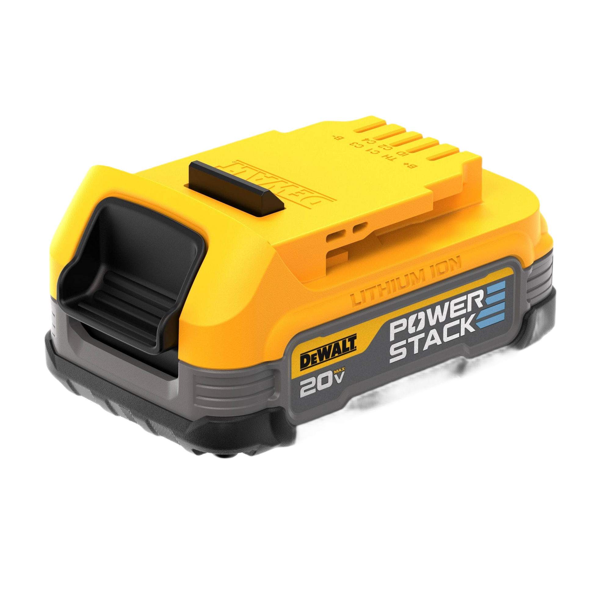 Yellow and black 20V compact lithium ion battery with POWERSTACK design for tools and home improvement use