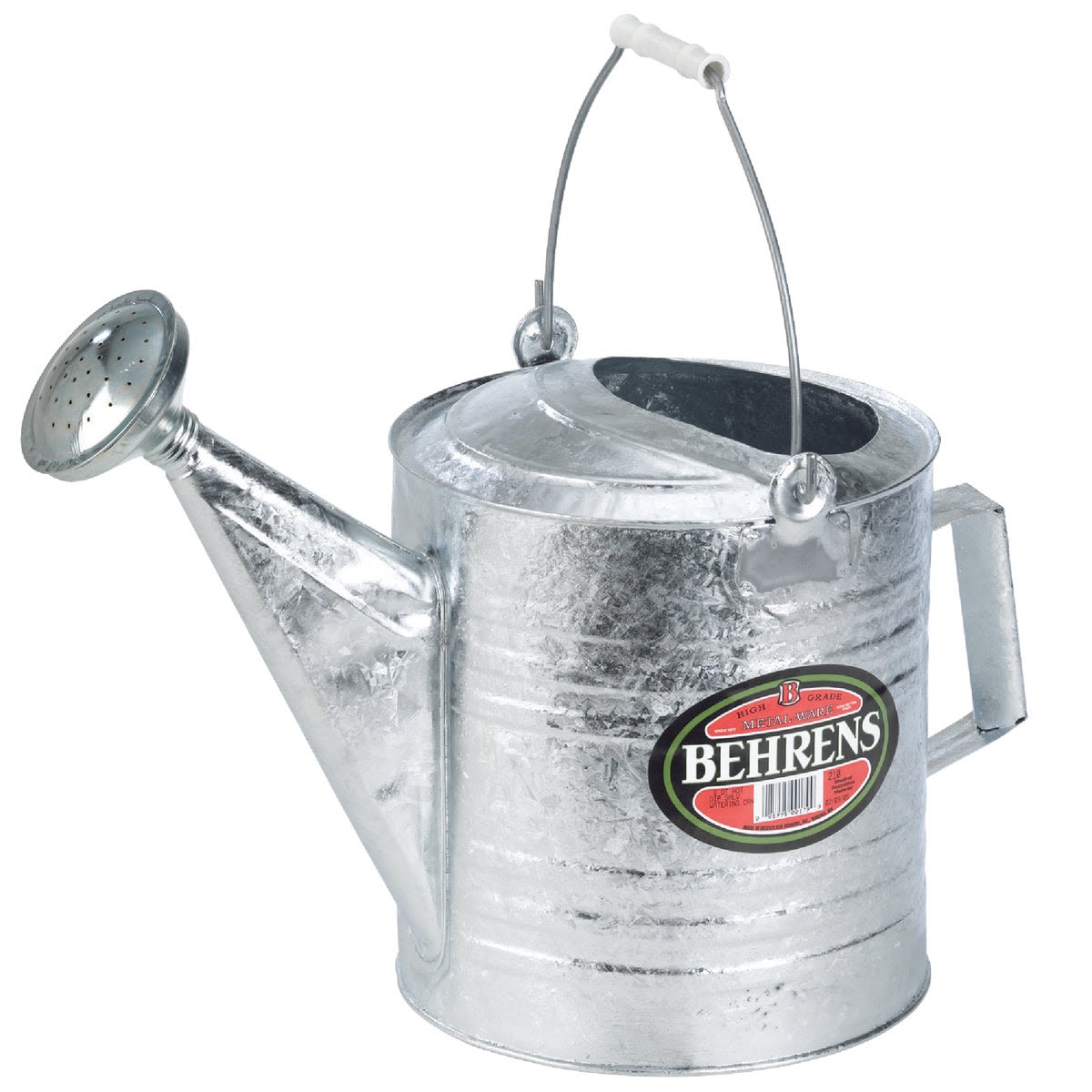 Galvanized metal watering can with curved handle and detachable rose spout for home improvement and gardening tasks