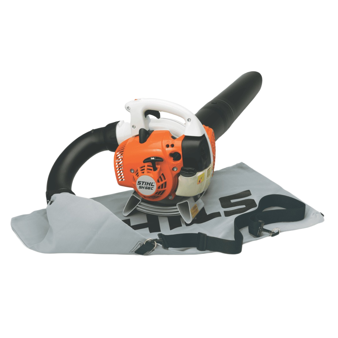 Compact gas-powered leaf blower with orange and white housing, black nozzle, and carrying bag for outdoor home improvement tasks