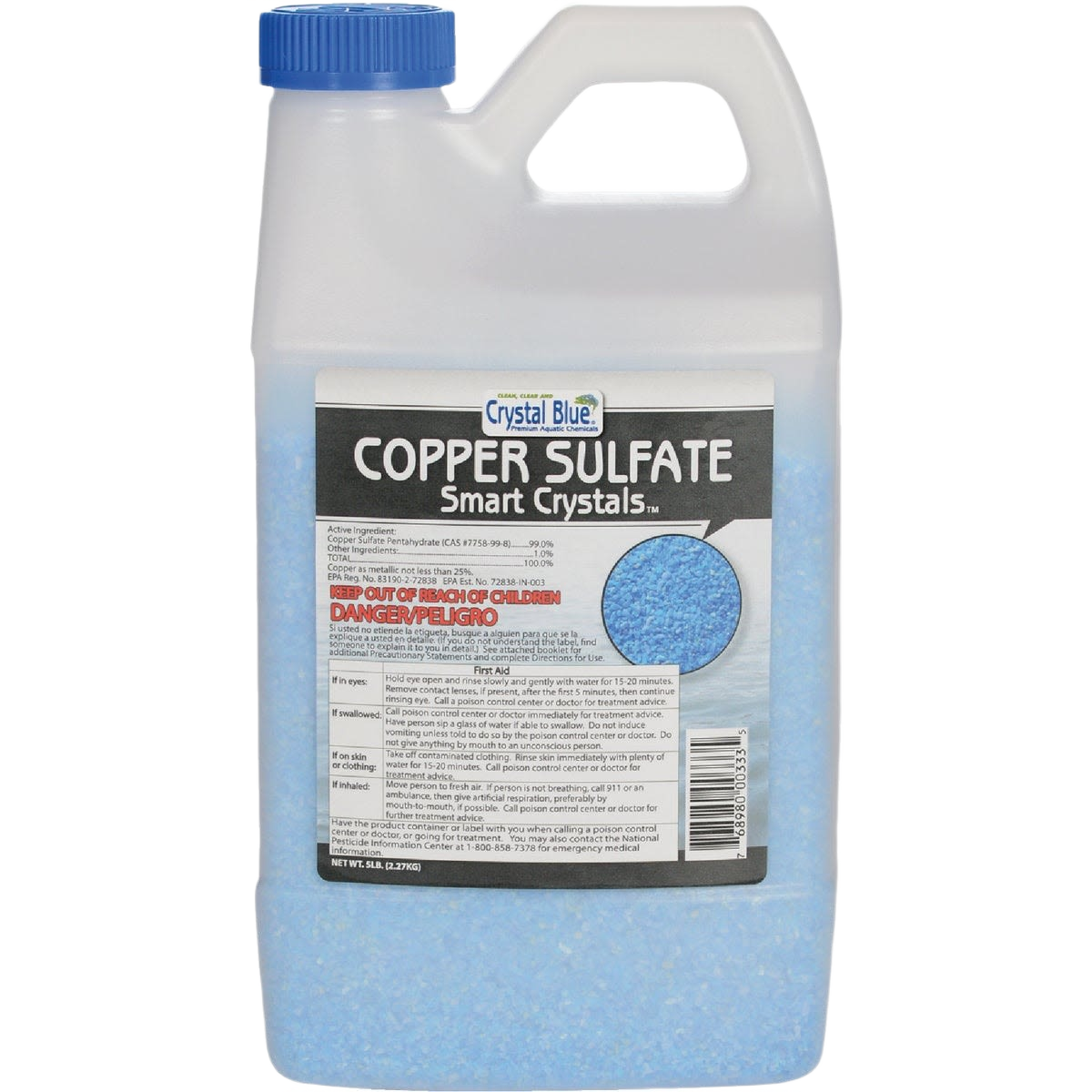 Plastic container of blue copper sulfate crystals for moss and algae control in ponds and garden care collections