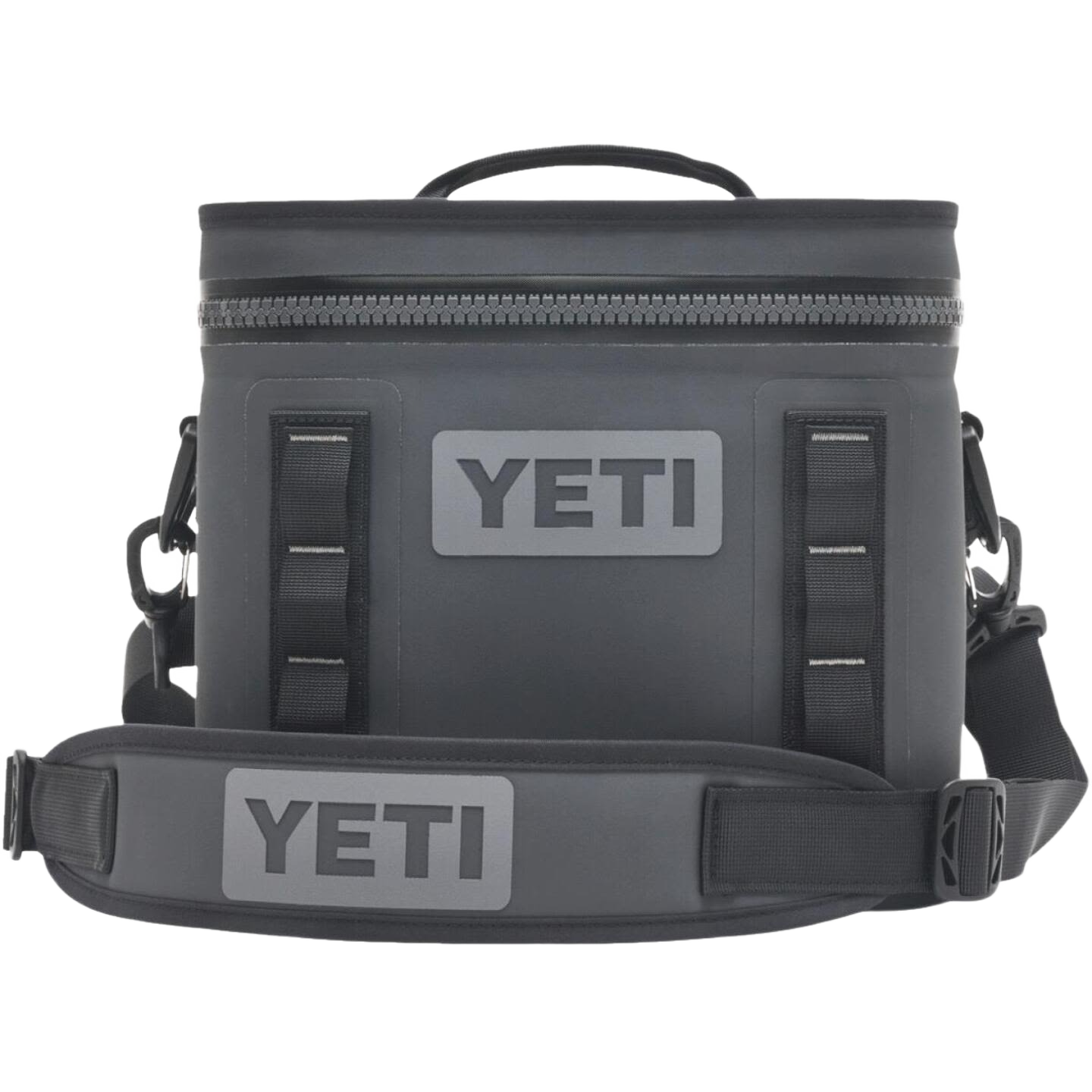 Black YETI soft cooler with zip-around lid, padded shoulder strap, and durable DryHide interior for food storage collections