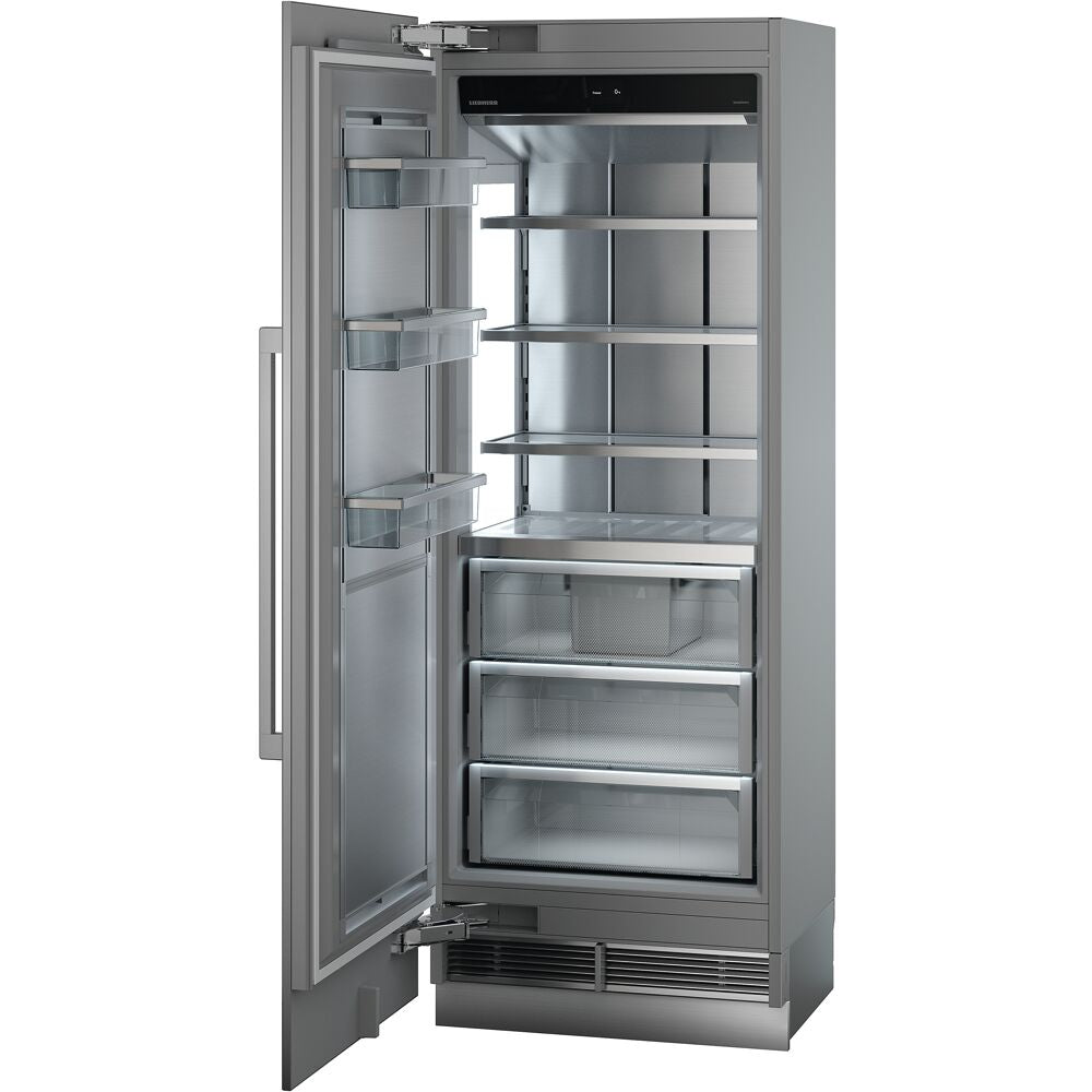 Tall built-in stainless steel freezer column with left hinge, multiple clear shelves, drawers, and freezer door bins from appliances collection