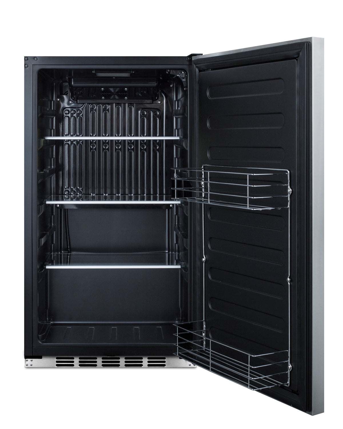 Open shallow depth built-in refrigerator interior with black metal finish and wire shelving for kitchen appliance collections