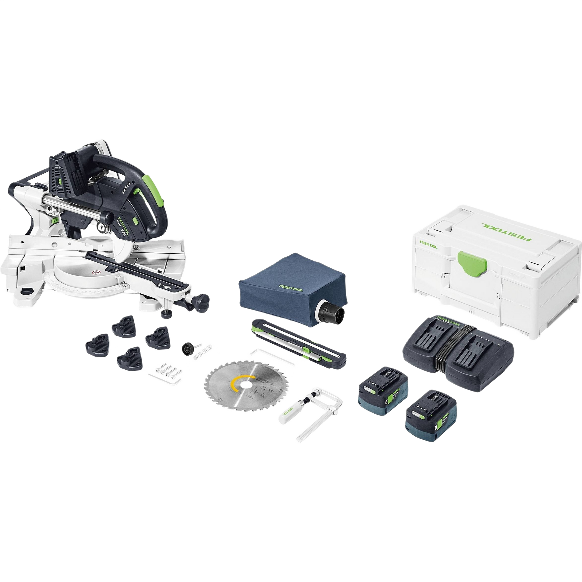 Cordless sliding compound miter saw kit with dual batteries, dust extractor, saw blade, charger, and storage case for power tool use