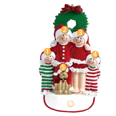 Festive family of four with dog and Christmas wreath ornament from holiday decor under $50 collection