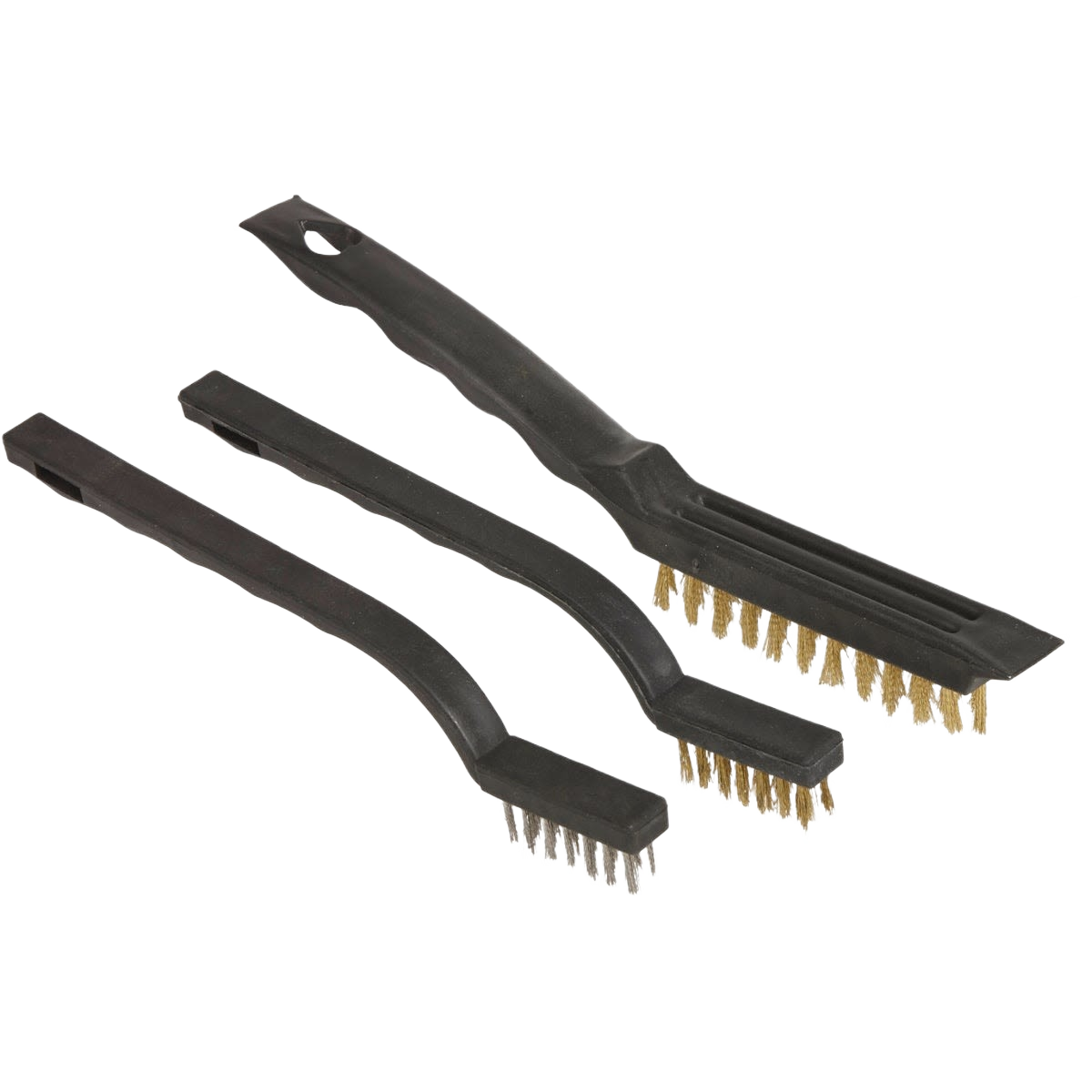 Three-piece wire brush set with brass and stainless steel bristles for versatile woodworking and home improvement tasks